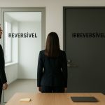 Dois executivos olhando para duas portas representando diferentes decisões